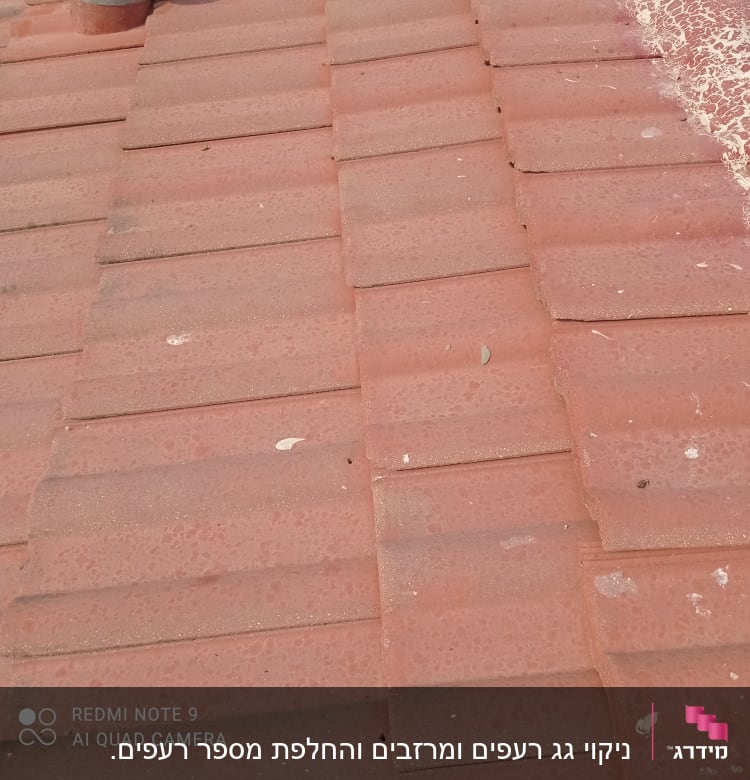 רעפים אדומים על גג עם כתמי לכלוך